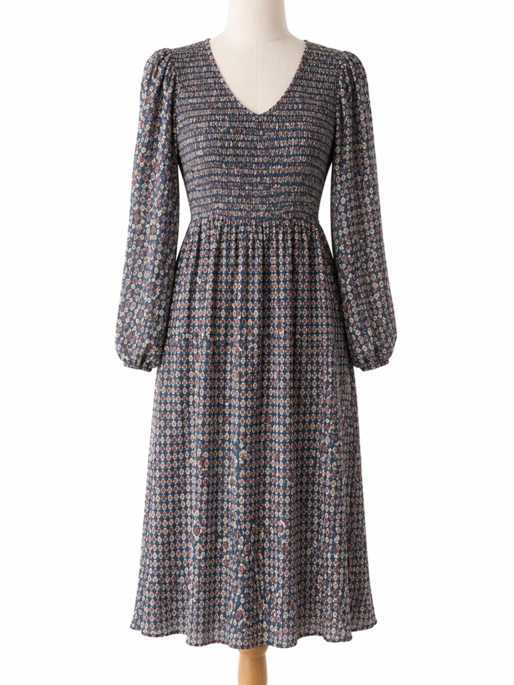 Long Sleeve Smocked Midi Dress in Navy Floral